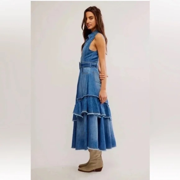 SALE Free People Beau Midi Dress Cotton Denim sz S - Picture 6 of 6